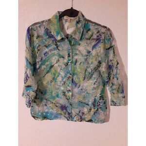 Choices Petite Womens Shirt Top Size P/Medium Blue Green Glitter Sheer Button Up